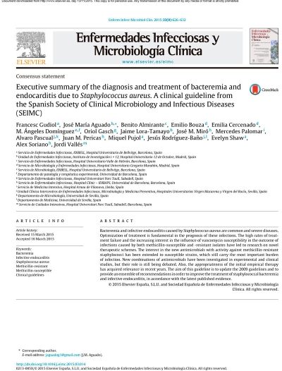 Diagnóstico y tratamiento de la bacteriemia y endocarditis por Staphylococcus aureus. Guía clínica de la Sociedad Española de Microbiología Clínica y Enfermedades Infecciosas