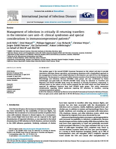 Management of infections in critically ill returning travellers in the intensive care unit—II: clinical syndromes and special considerations in immunocompromised patients