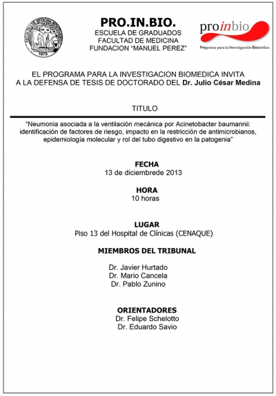PROINBIO invita a la defensa de tesis de doctorado del Dr. Julio César Medina